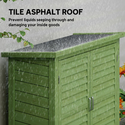 Outsunny Garden Shed Wooden Garden Storage Shed 2 Door Unit Solid Fir Wood Garage Tool Organisation Cabinet, 87L x 46.5W x 96.5Hcm, Green