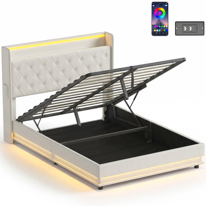 HOMCOM 4ft6 Double Bed Frame with Headboard, Platform Bed Frame with Hydraulic Storage, LED Lights and Charging Station, Cream