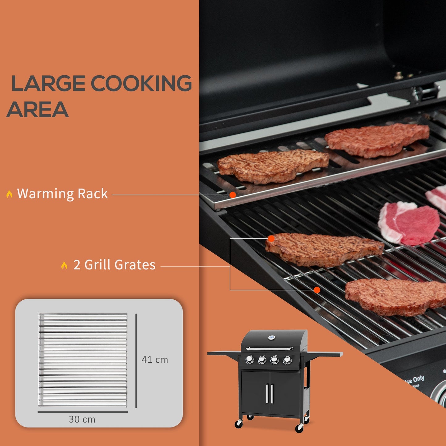 Outsunny 4-palnikowy grill gazowy, przenośny wózek do grillowania na zewnątrz z rusztem do podgrzewania, półkami bocznymi, szafką do przechowywania, termometrem