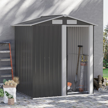 Outsunny 5ft x 4ft Garden Metal Storage Shed, Tool Storage Shed with Sliding Door, Sloped Roof and Floor Foundation for Garden, Backyard, Patio, Grey