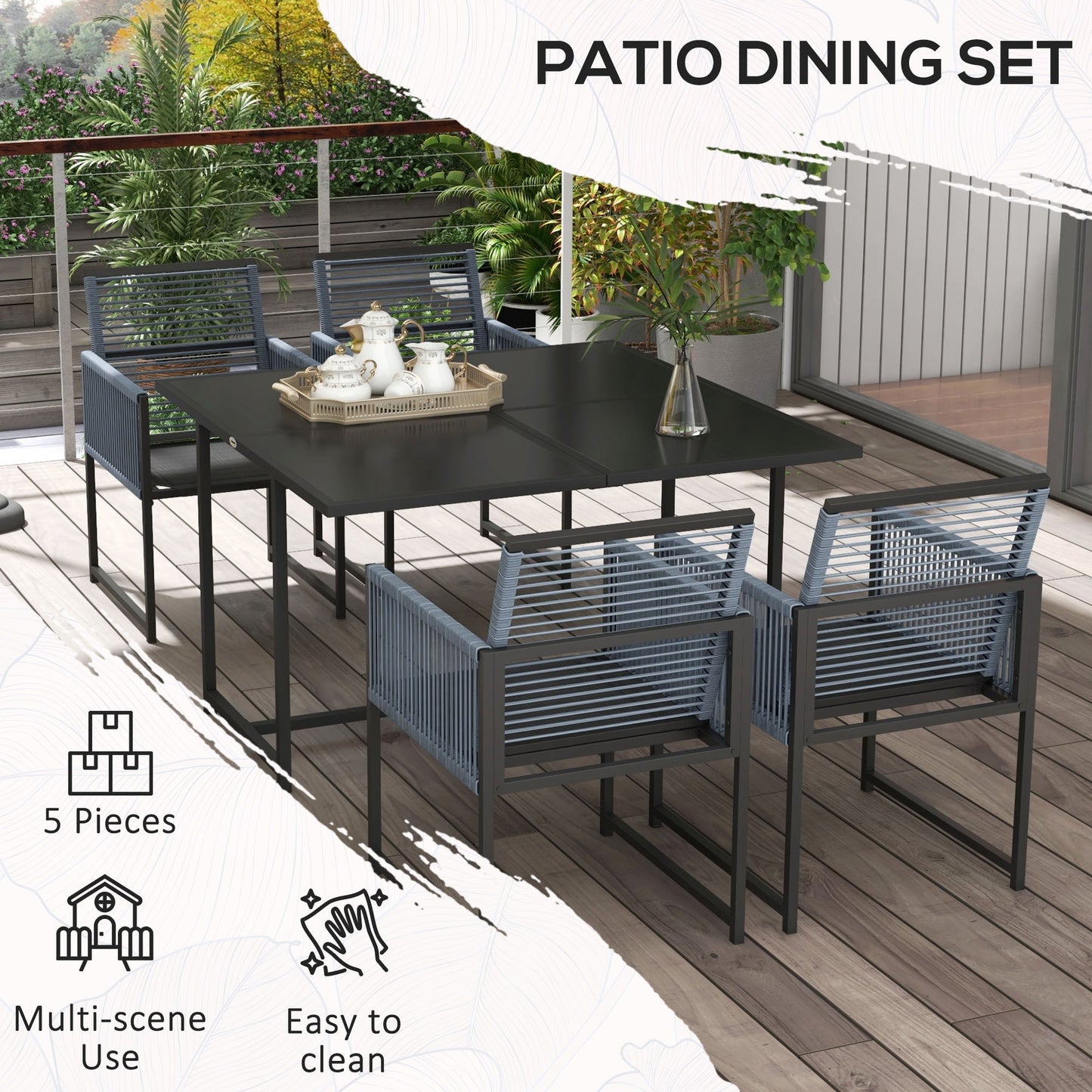 5 Piece Garden Patio Dining Set, Outdoor 4 Seater Table And Chairs With Foldable Backrest, Tempered Glass Top, Handwoven Rope - Dark Grey