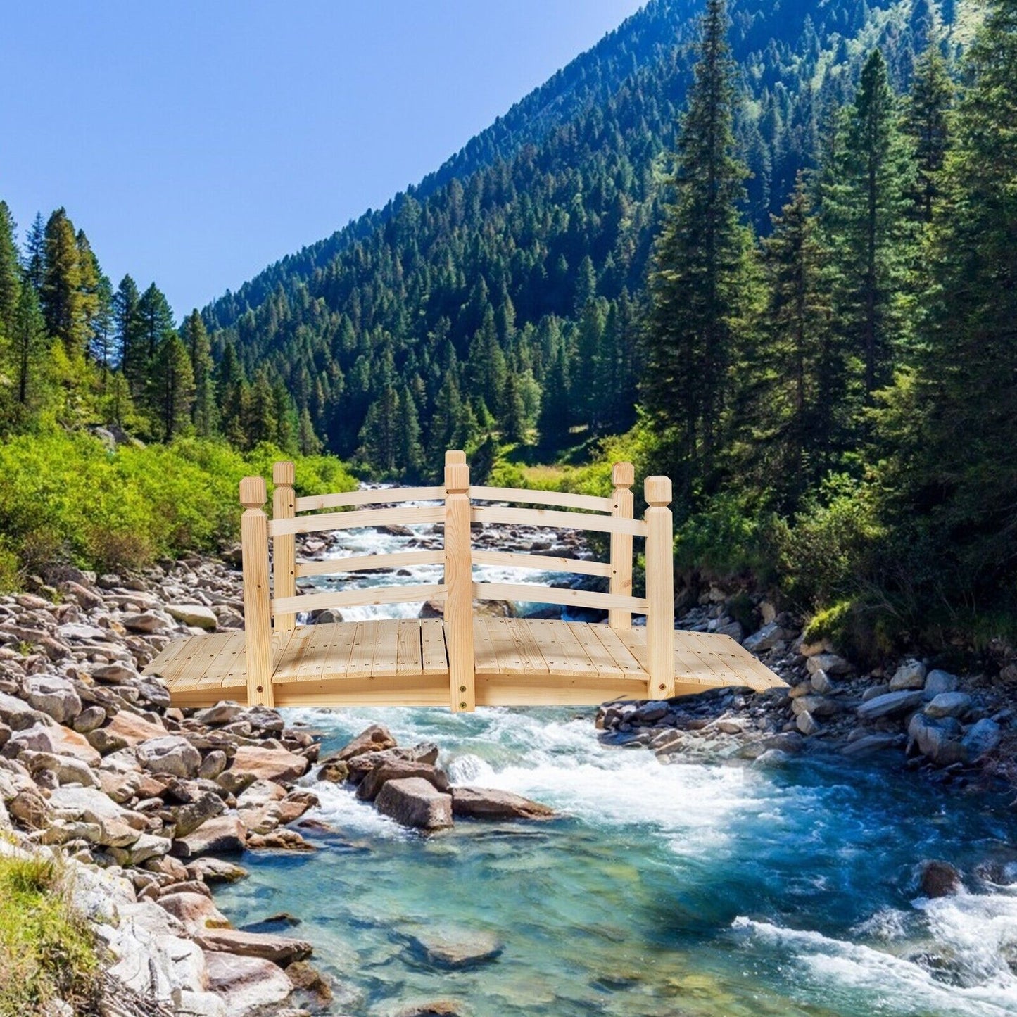 Wooden Garden Bridge with Safety Railings for Yard Patio-Natural