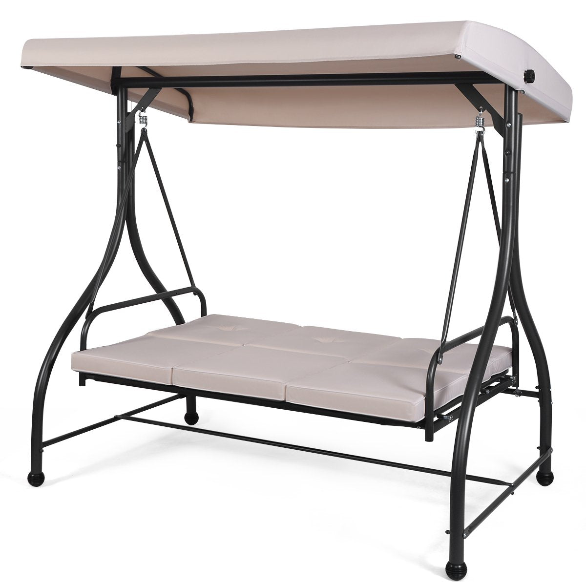3 Seater Garden Swing Chair with Adjustable Canopy and Cushions-Beige