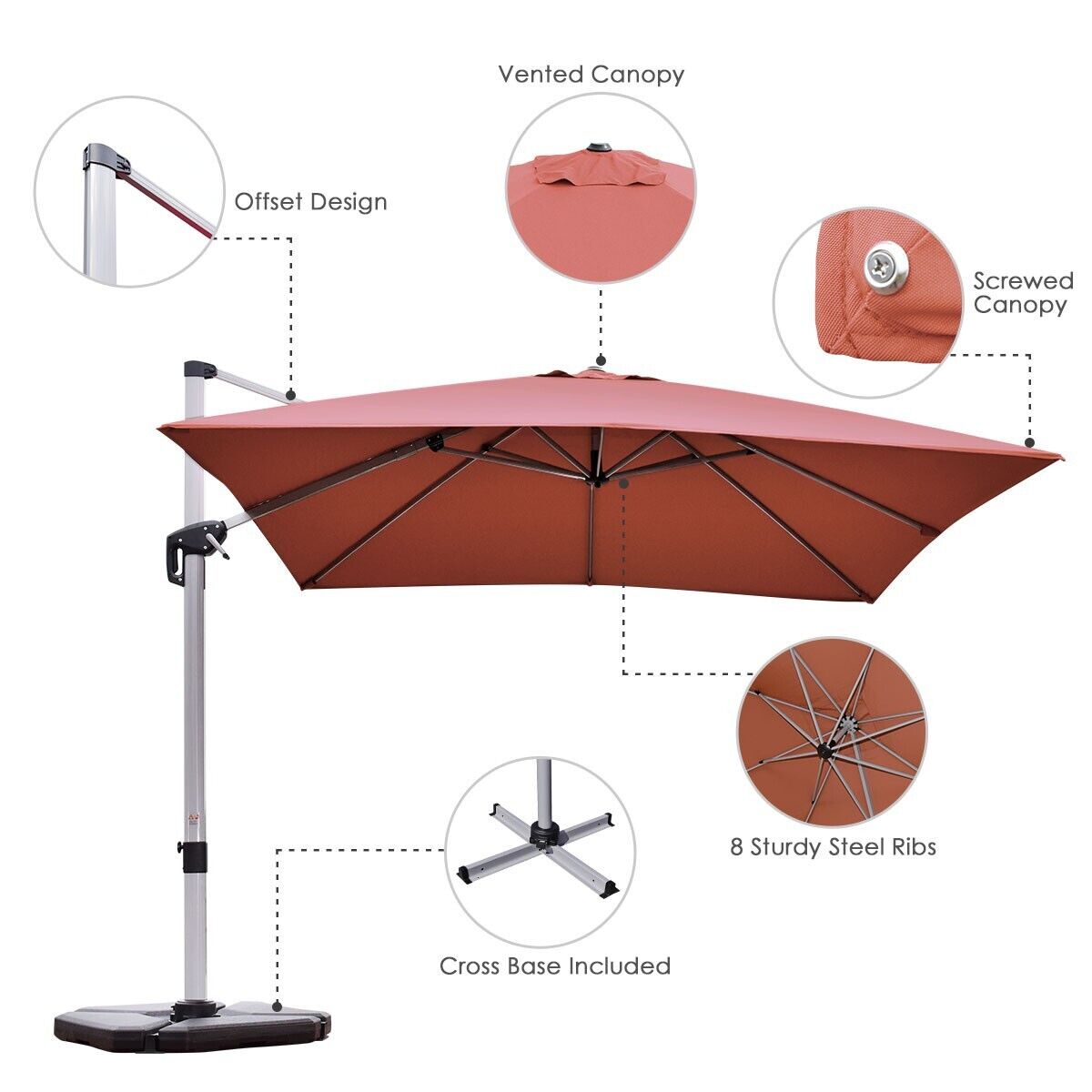 3m parasol ogrodowy z wysięgnikiem z pochyloną konstrukcją i obrotem 360° - bordowy