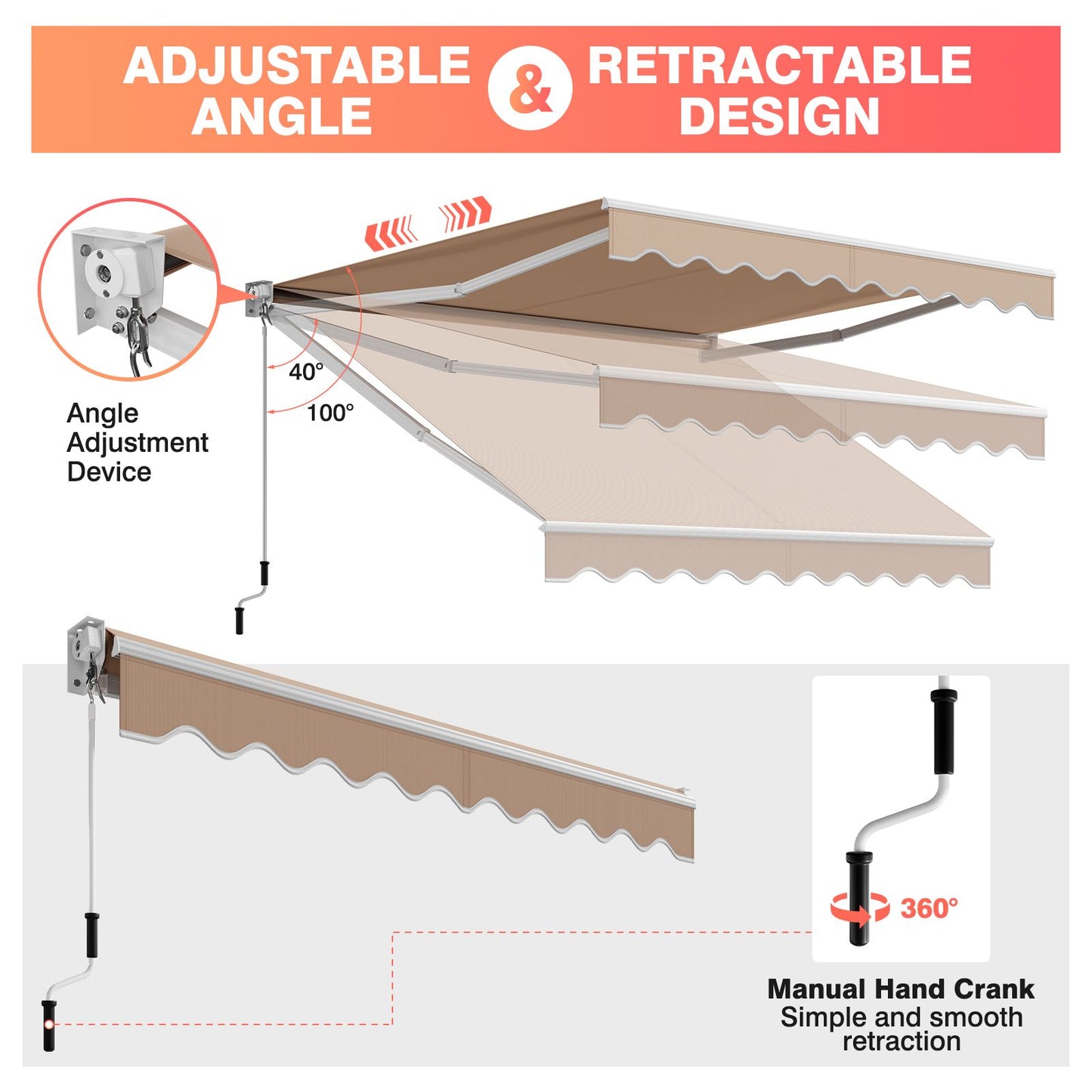 10 x 8 Feet Aluminum Retractable Awning with Crank Handle and Water-Resistant Polyester-Beige