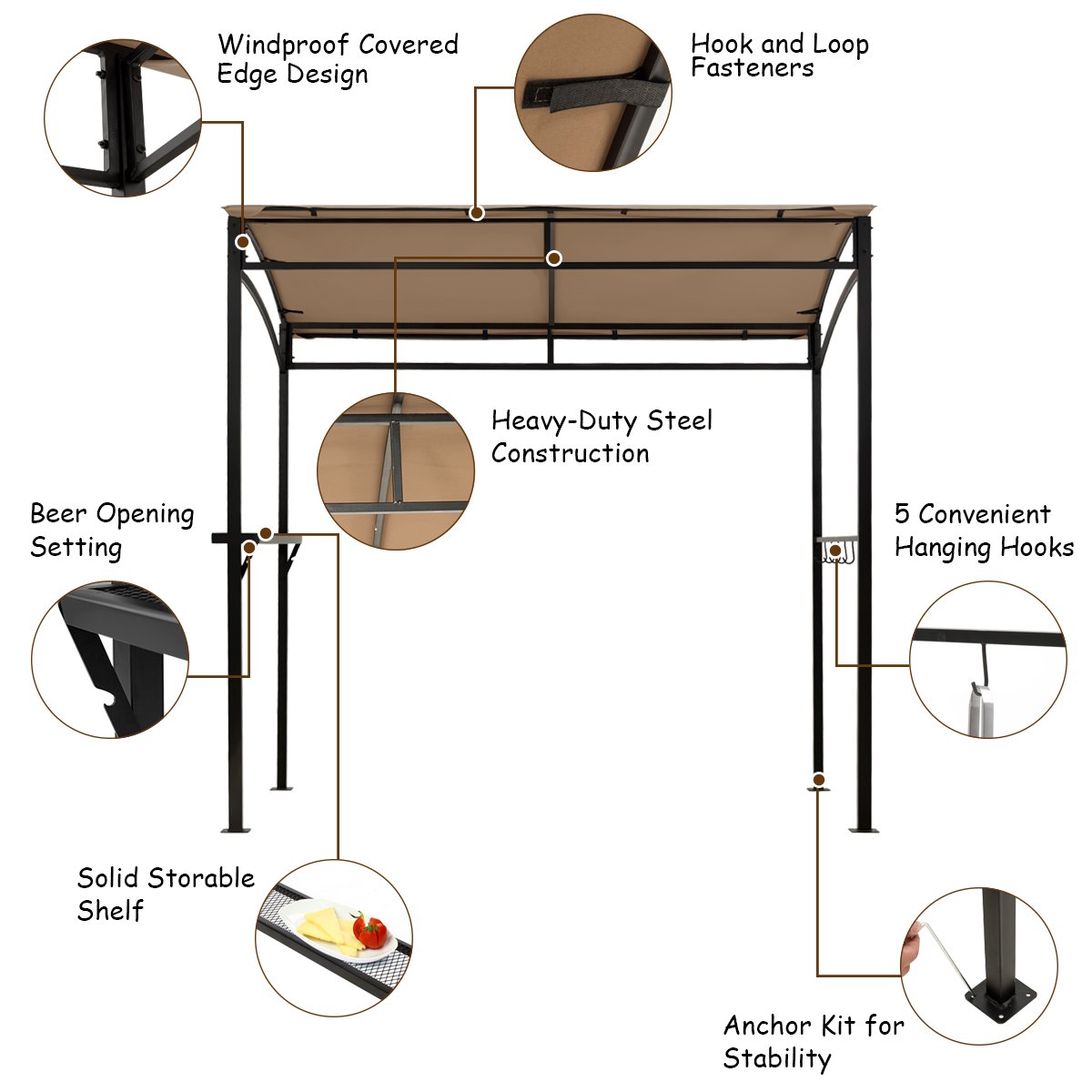 7 Feet Grill Gazebo with Serving Shelf and Storage Hooks-Coffee