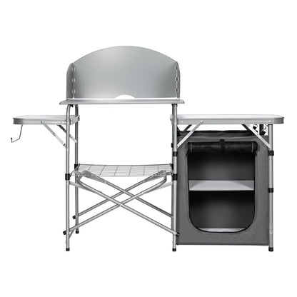 Outdoor Camping Table with Storage and Windscreen for BBQ-Grey