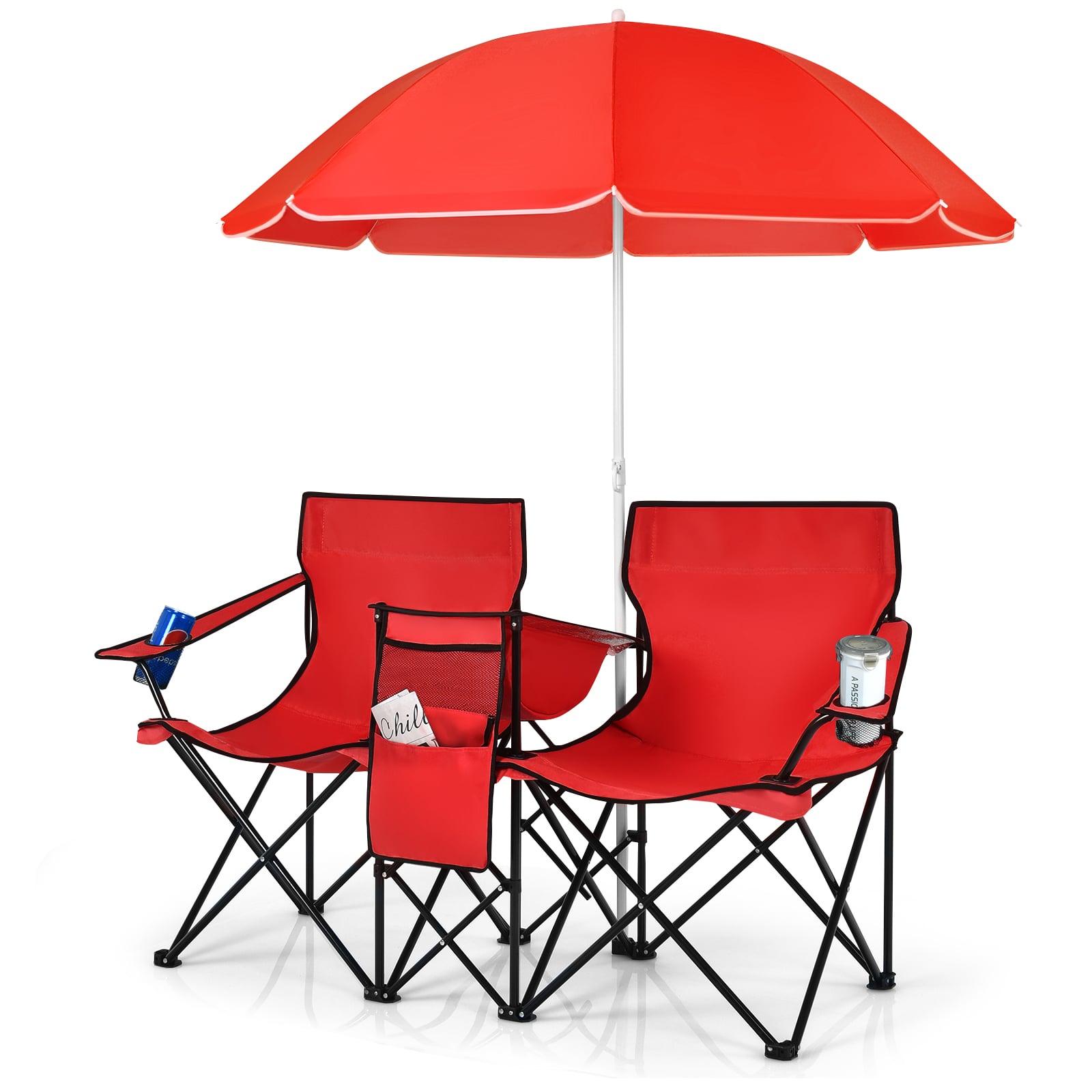 Portable Double Camping Chair with Umbrella &amp;amp; Ice Bag-Red
