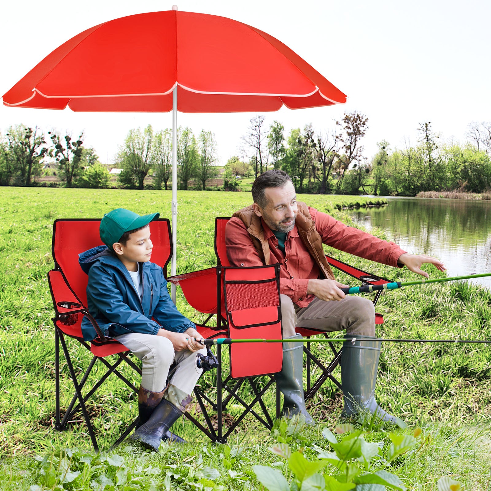 Portable Double Camping Chair with Umbrella &amp;amp; Ice Bag-Red