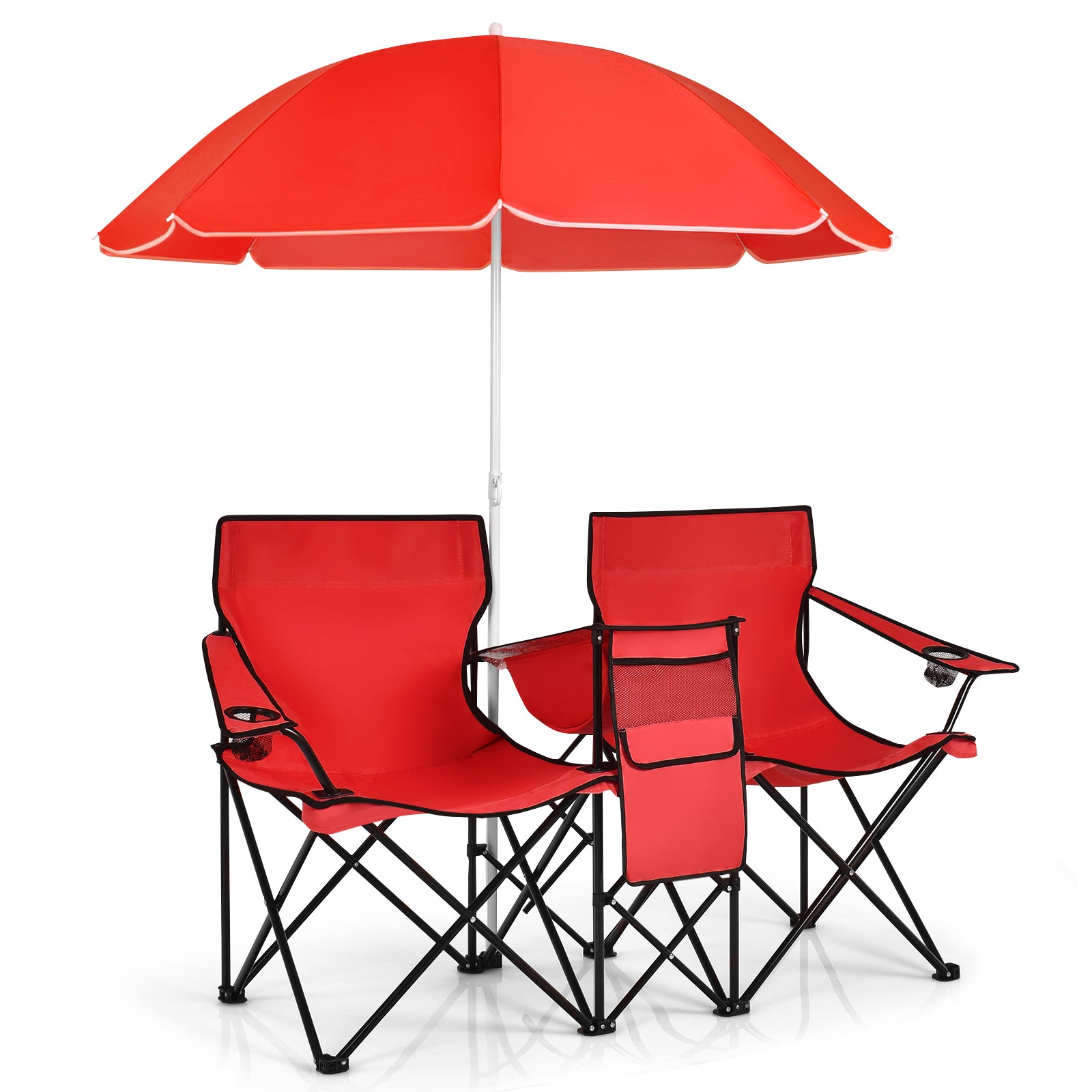 Portable Double Camping Chair with Umbrella &amp;amp; Ice Bag-Red