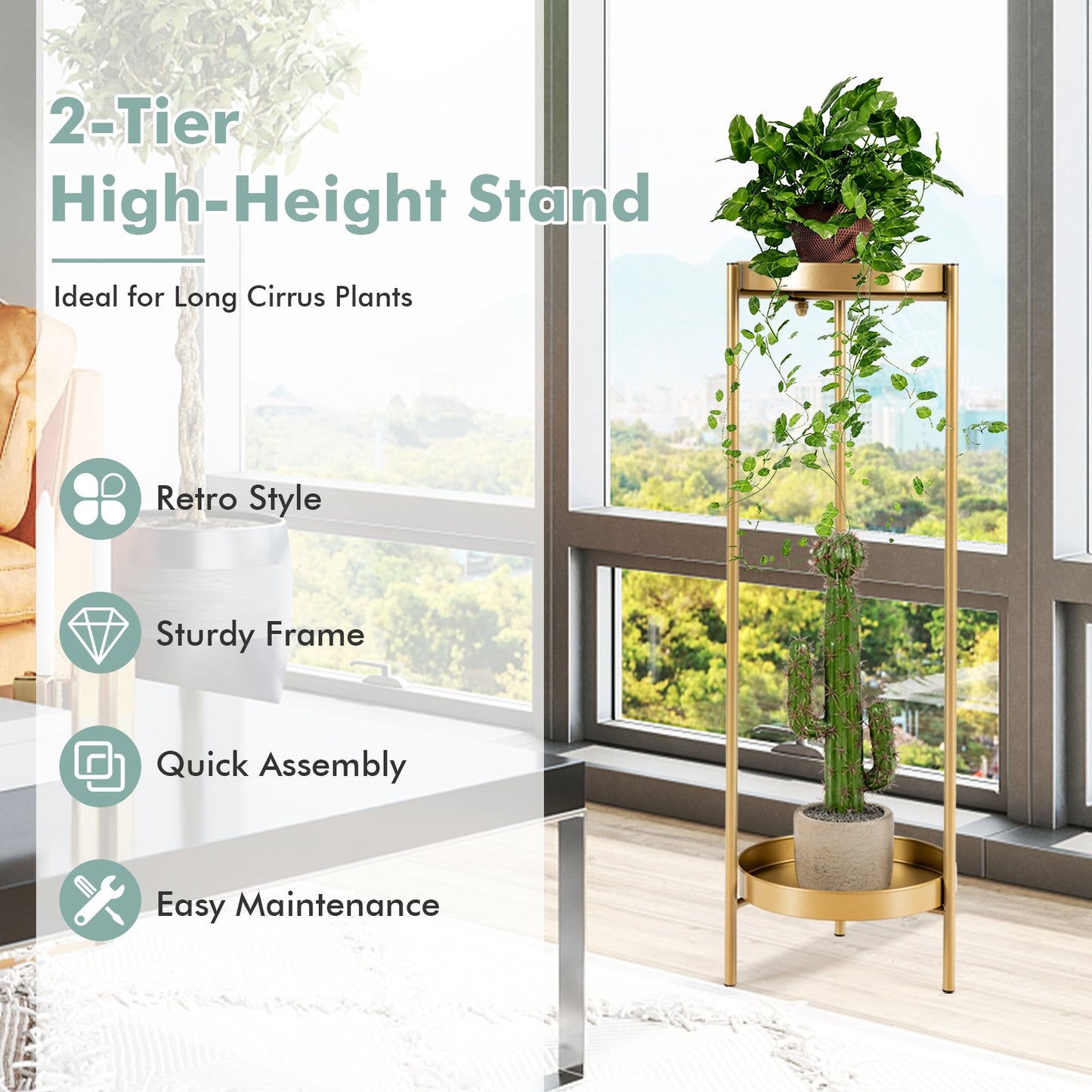 2-Tier Metal Plant Stand with Removable Trays for Home Patio-Golden