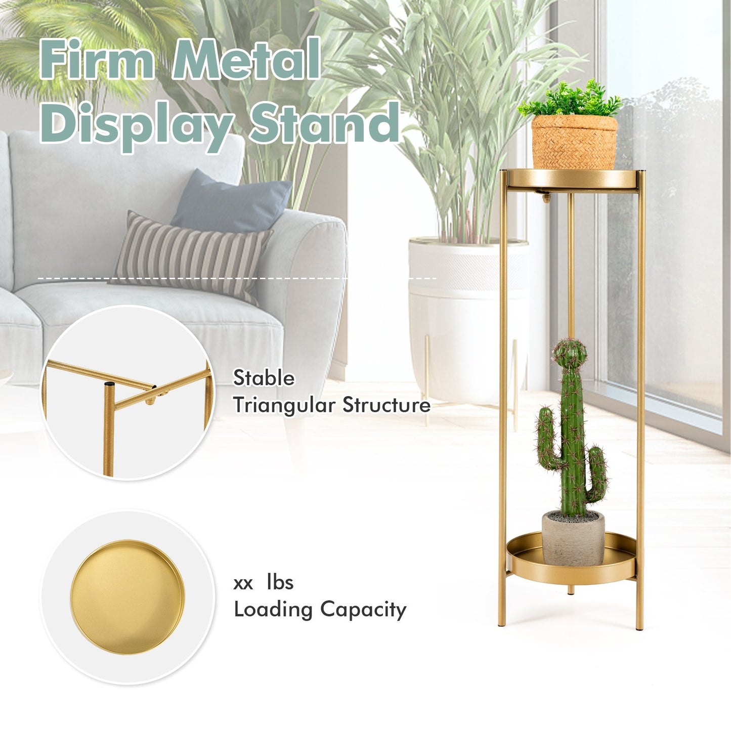 2-Tier Metal Plant Stand with Removable Trays for Home Patio-Golden