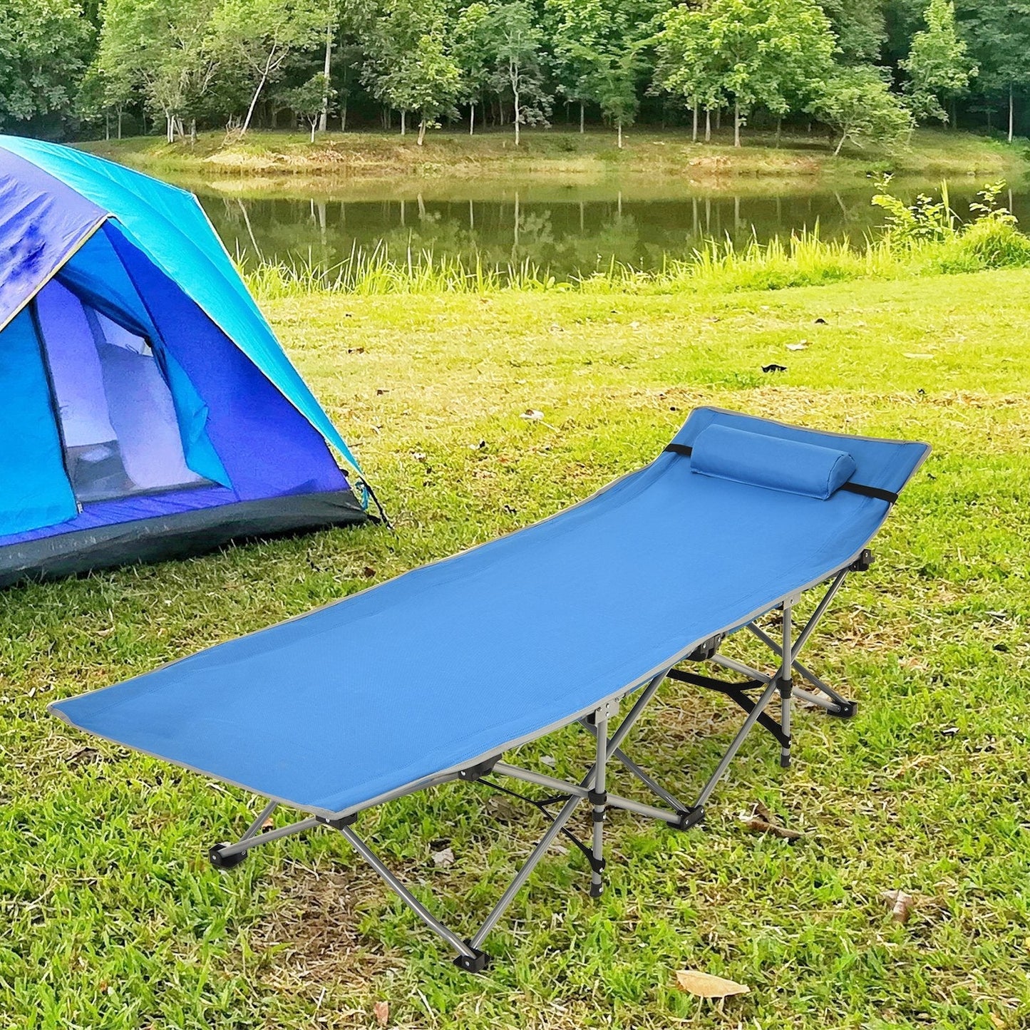 Folding Camping Cot with Detachable Headrest and Side Pocket-Blue