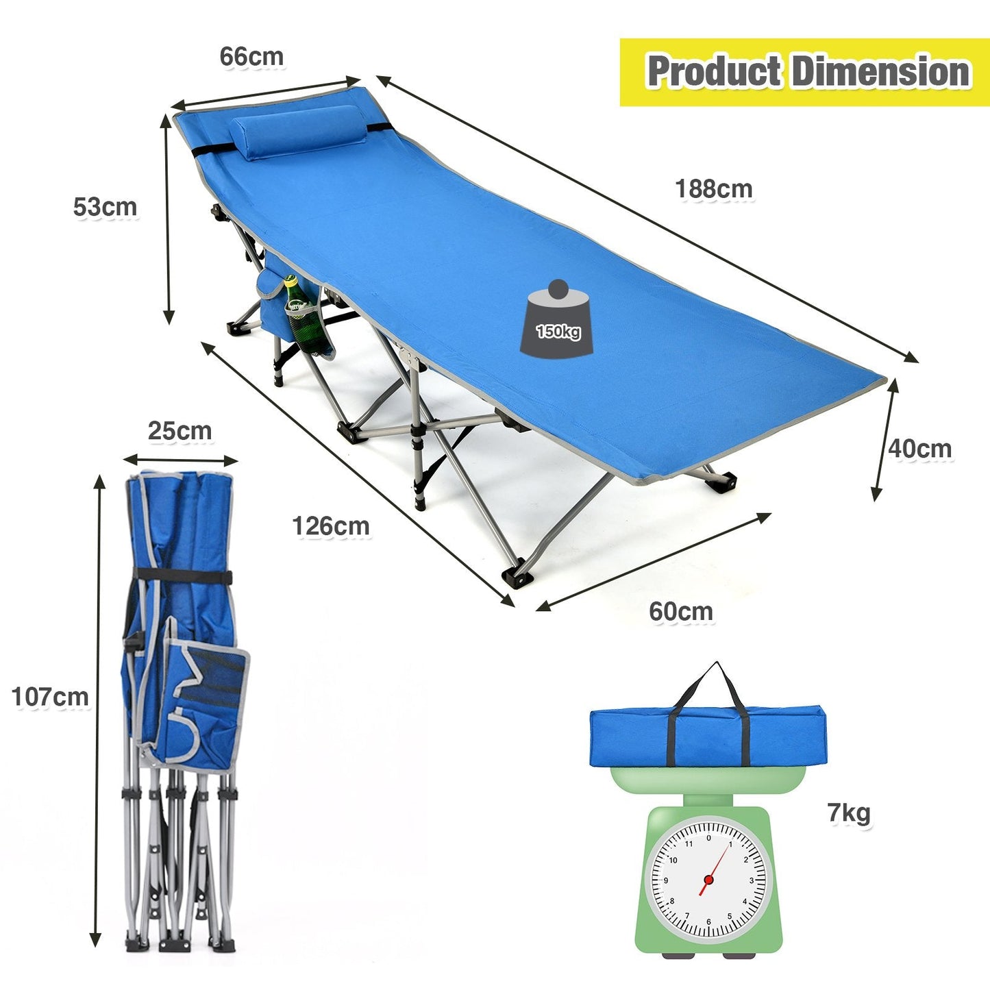 Folding Camping Cot with Detachable Headrest and Side Pocket-Blue