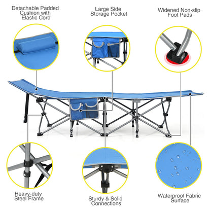 Folding Camping Cot with Detachable Headrest and Side Pocket-Blue