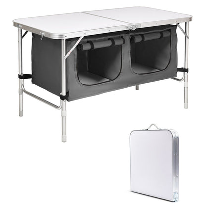 Folding Camping Table with Storage Cabinet and Adjustable Height-Grey