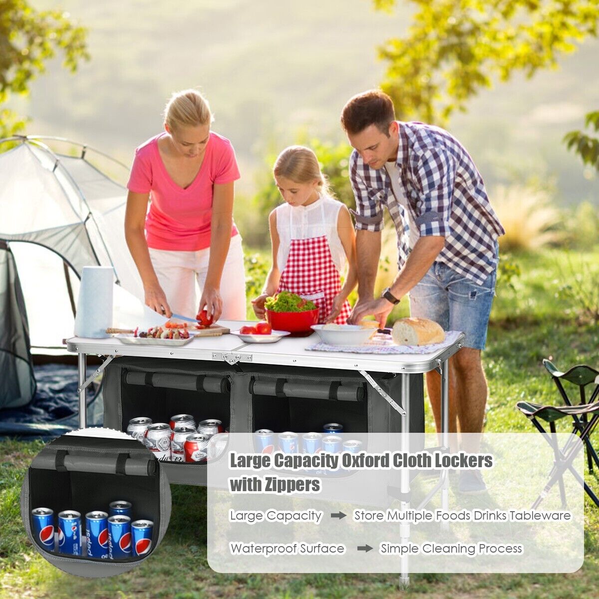 Folding Camping Table with Storage Cabinet and Adjustable Height-Grey