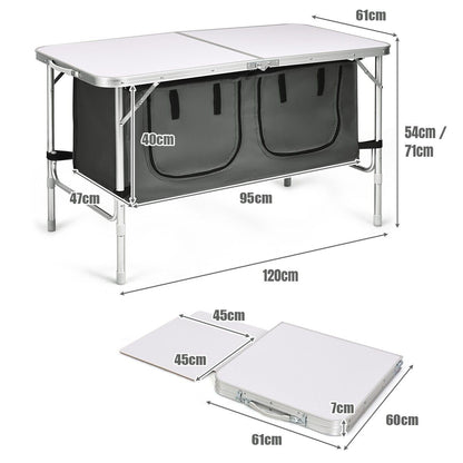 Folding Camping Table with Storage Cabinet and Adjustable Height-Grey