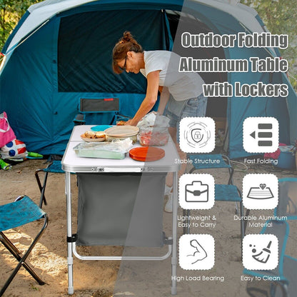 Folding Camping Table with Storage Cabinet and Adjustable Height-Grey