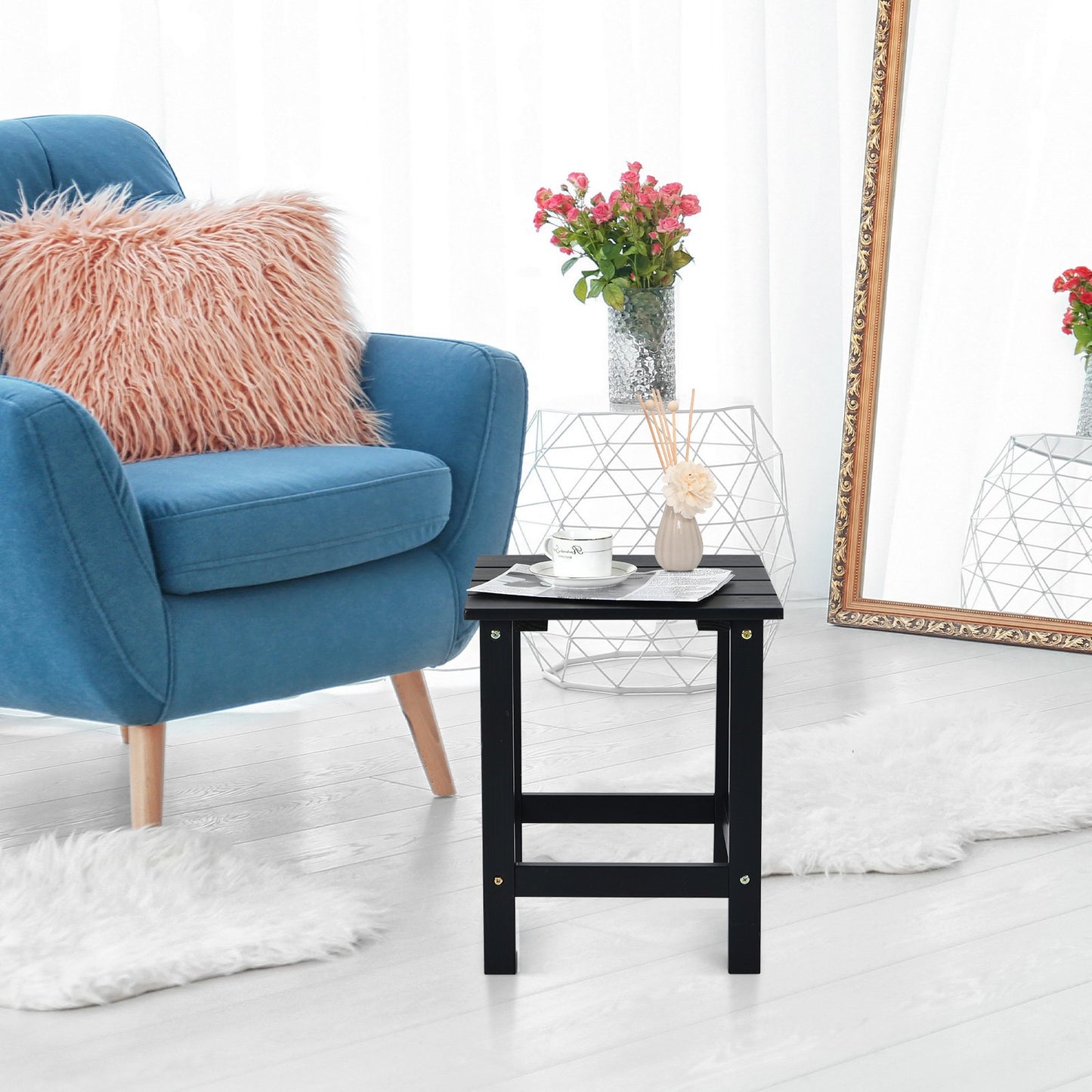 Square Wood Patio End Table with Slatted Design for Balcony Lawn-Black