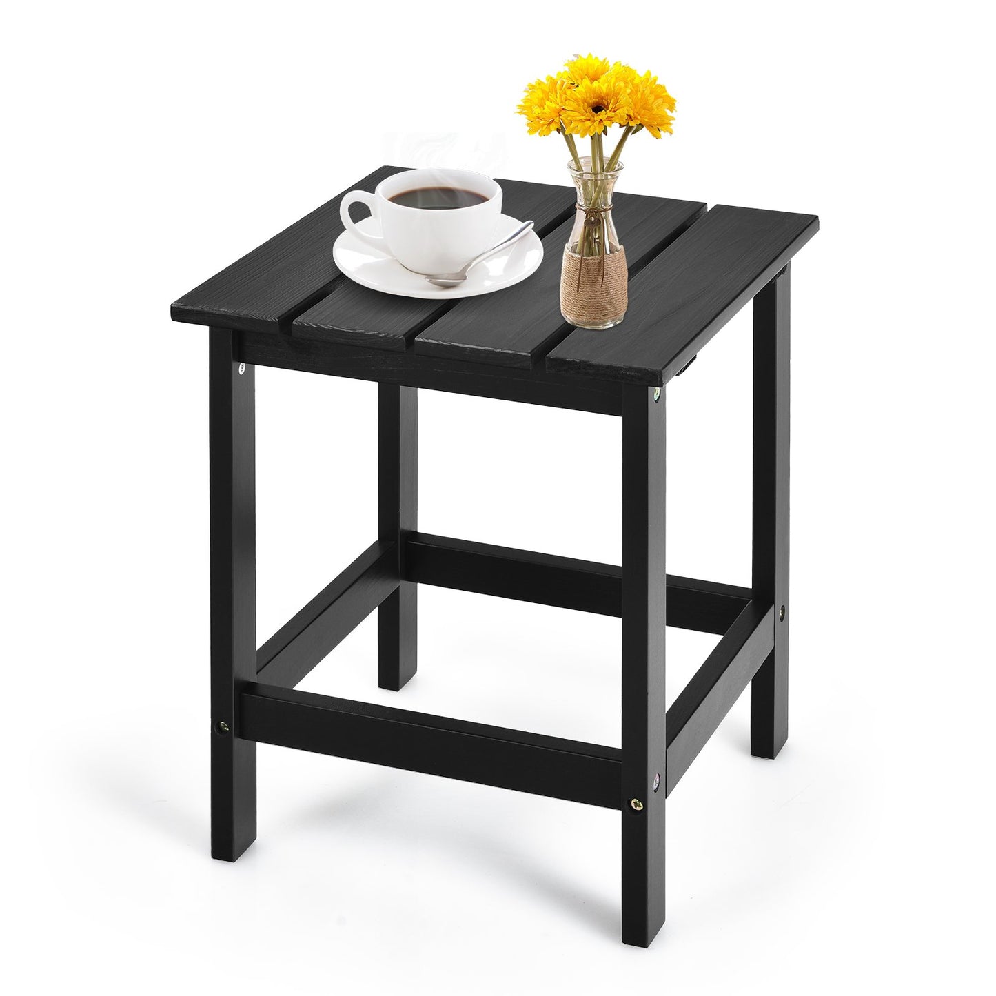 Square Wood Patio End Table with Slatted Design for Balcony Lawn-Black