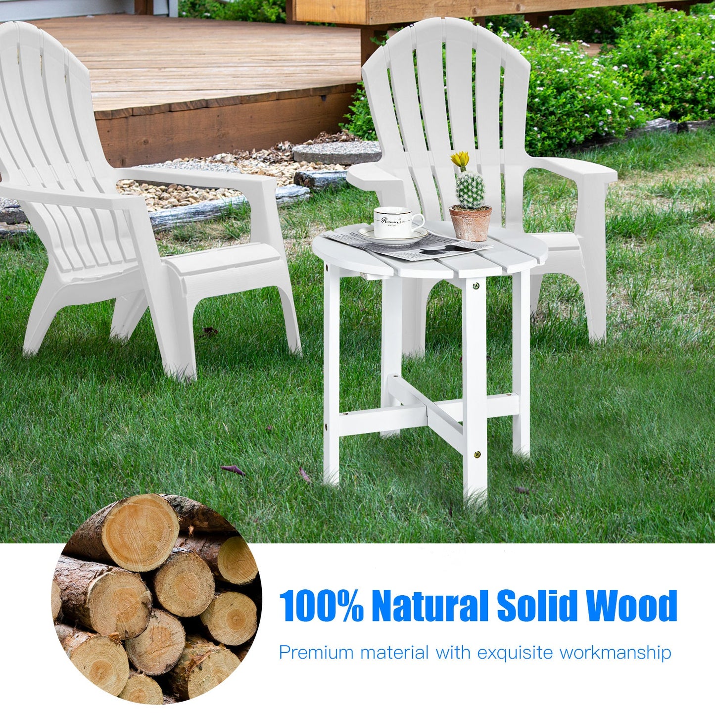 Round Wood Patio End Table with Slatted Design for Balcony Lawn-White