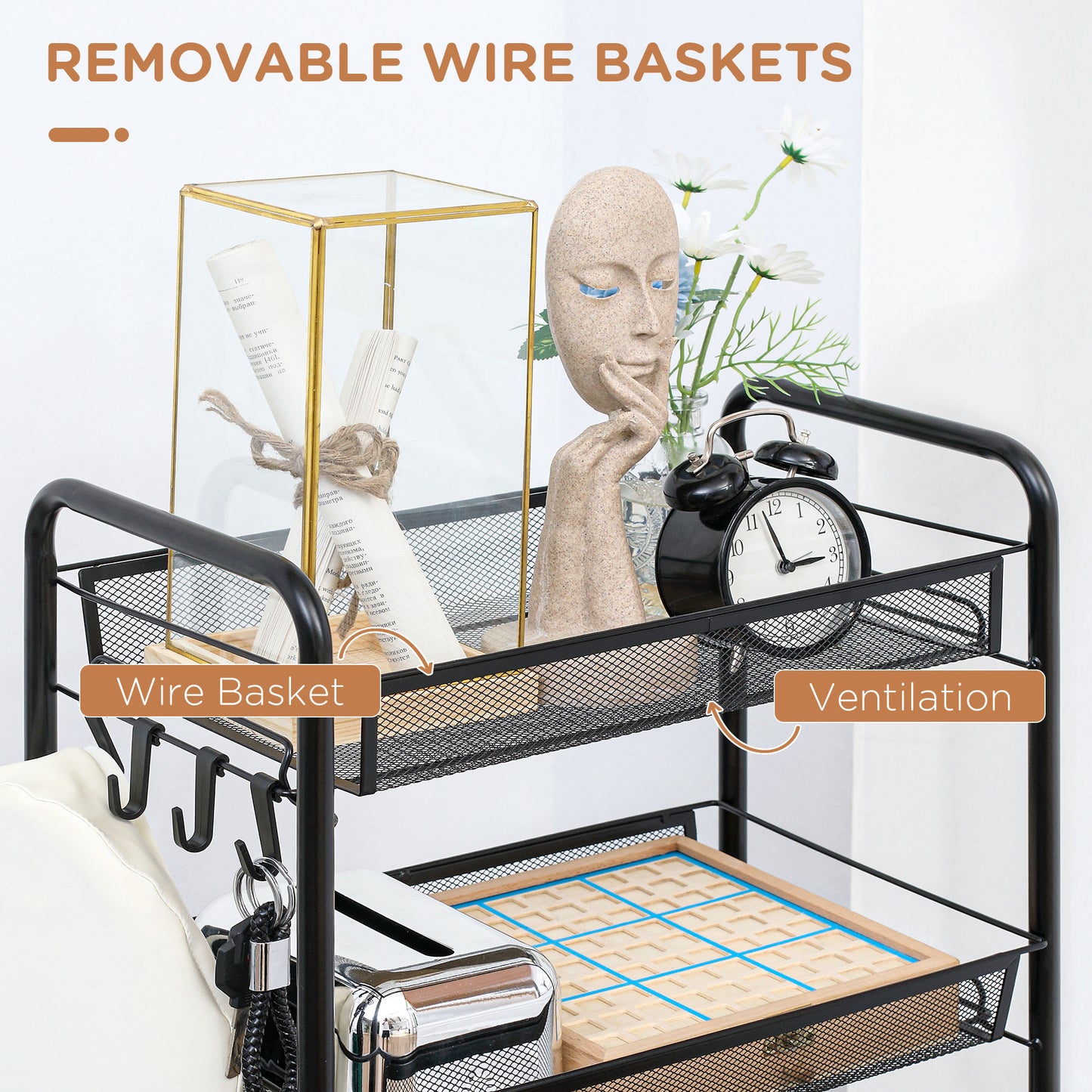 Wózek do przechowywania HOMCOM Five-Steel Mesh Basket z kółkami - czarny
