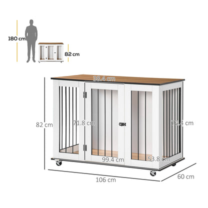 PawHut Dog Crate Furniture, Dog Cage End Table with Wheels, Lockable Door, for Medium Dogs, 106 x 60 x 82 cm - White