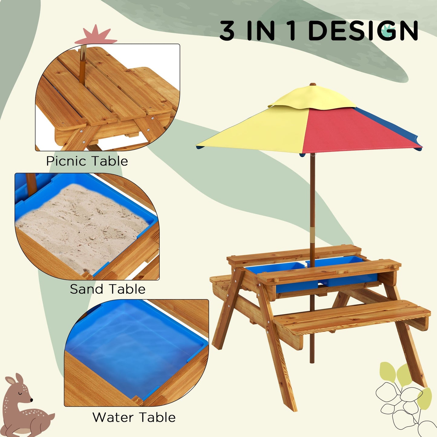 Outsunny Kids Picnic Table Set, 3 in 1 Sand Pit Activity Table, Kids Garden Furniture w/ Removable Parasol, for 3-6 Years