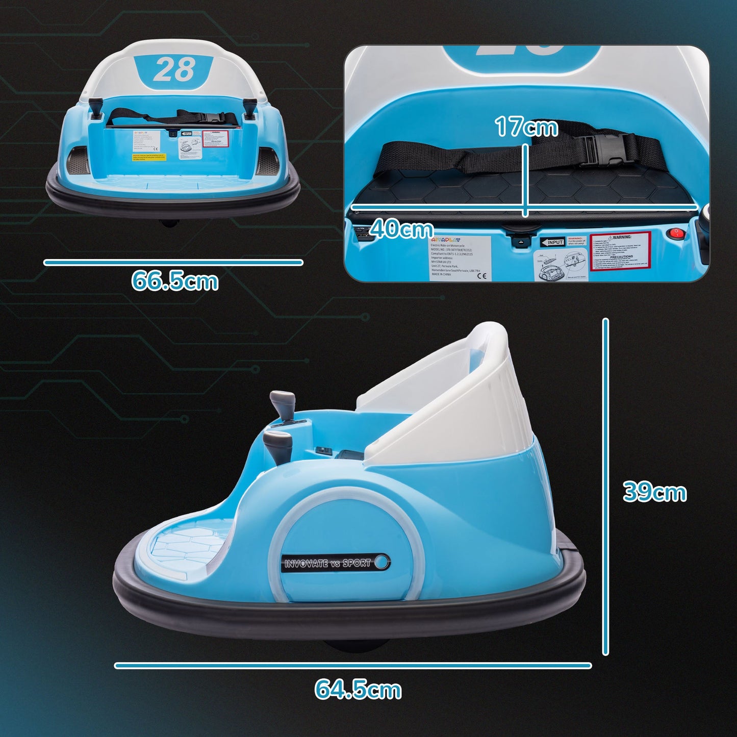 AIYAPLAY 360 Rotation Kids Bumper Car, 12V Waltz Car with Remote Control, Dual Joystick, Music, Lights, Light Blue