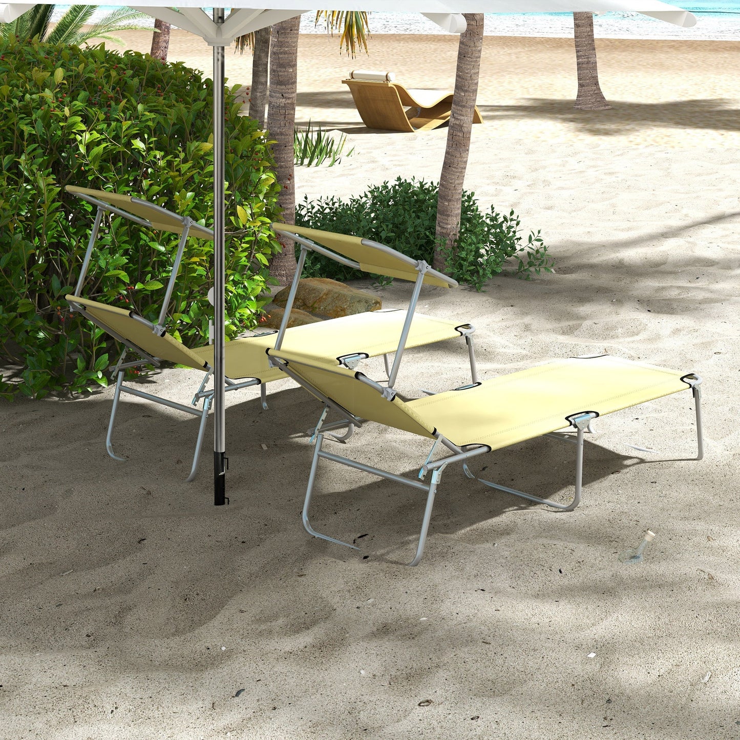 Outdoor Foldable Sun Lounger Set of 2 Reclining Chair With Angle Adjust Sun Shade Awning for Beach, Garden, Patio, Beige