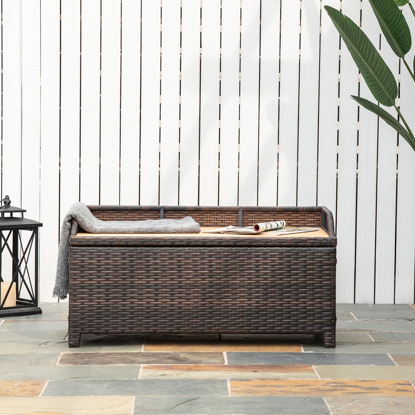 Outsunny 130 L Rattan Garden Storage Box, with Seat - Mixed Brown