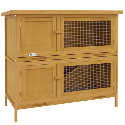 PawHut Double Decker Rabbit Hutch 2 Tier Guinea Pig House Klatka zewnętrzna dla królików z wysuwaną tacką, 97 x 44 x 91 cm, żółta
