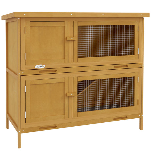 PawHut Double Decker Rabbit Hutch 2 Tier Guinea Pig House Pet Cage Outdoor with Sliding-out Tray, 97 x 44 x 91cm, Yellow