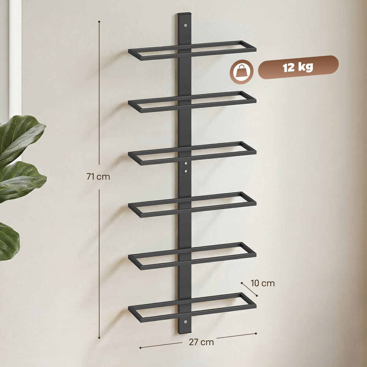 HOMCOM Wall Mounted Wine Rack, 6 Tier Metal Wine Display Rack, Storage Holder for Kitchen, Black
