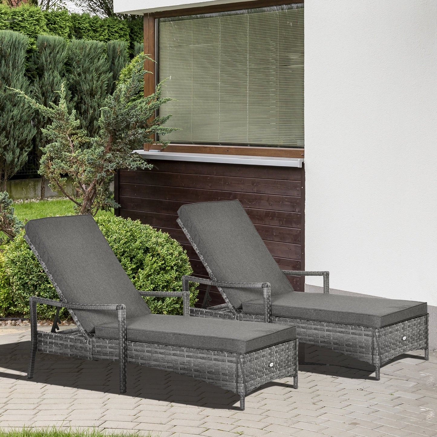 Outsunny PE Rattan Sun Loungers set of 2 with Cushion, Outdoor 2 Pieces Garden Sunbed Furniture with 4-Level Recliner Backrest, and Armrest, Grey