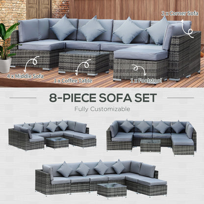 Outsunny 8 Pieces PE Rattan Corner Sofa Set with Thick Cushions, Aluminium Outdoor Rattan Garden Furniture Set with Glass Top Table, No Assembly Required, Grey