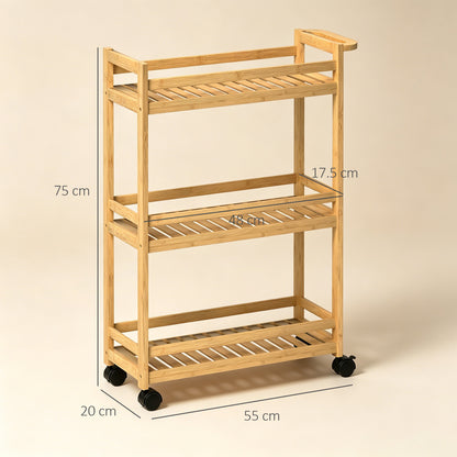 HOMCOM 3-Tier Bamboo Storage Trolley on Wheels with Handle for Kitchen, Office, Bathroom