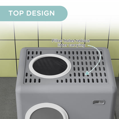 PawHut Cat Litter Box Enclosed with Lid Front Entry Top Exit, Drawer Tray, Scoop, 52L x 41W x 38.5Hcm - Grey