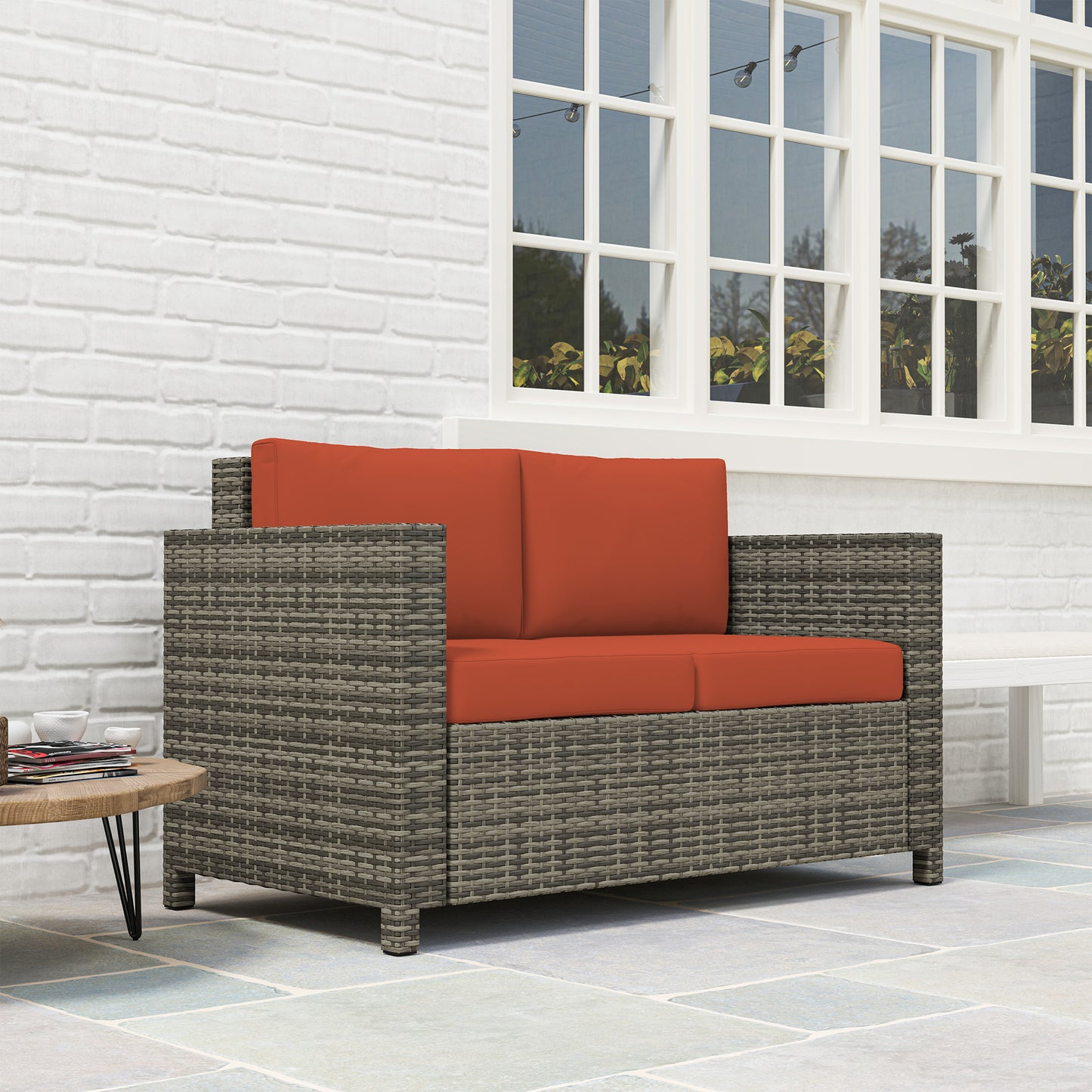 Sofa rattanowa Outsunny, 2-osobowa ogrodowa z miękką wyściółką i podłokietnikami, wiklinowa ogrodowa sofa dwuosobowa na patio, szara