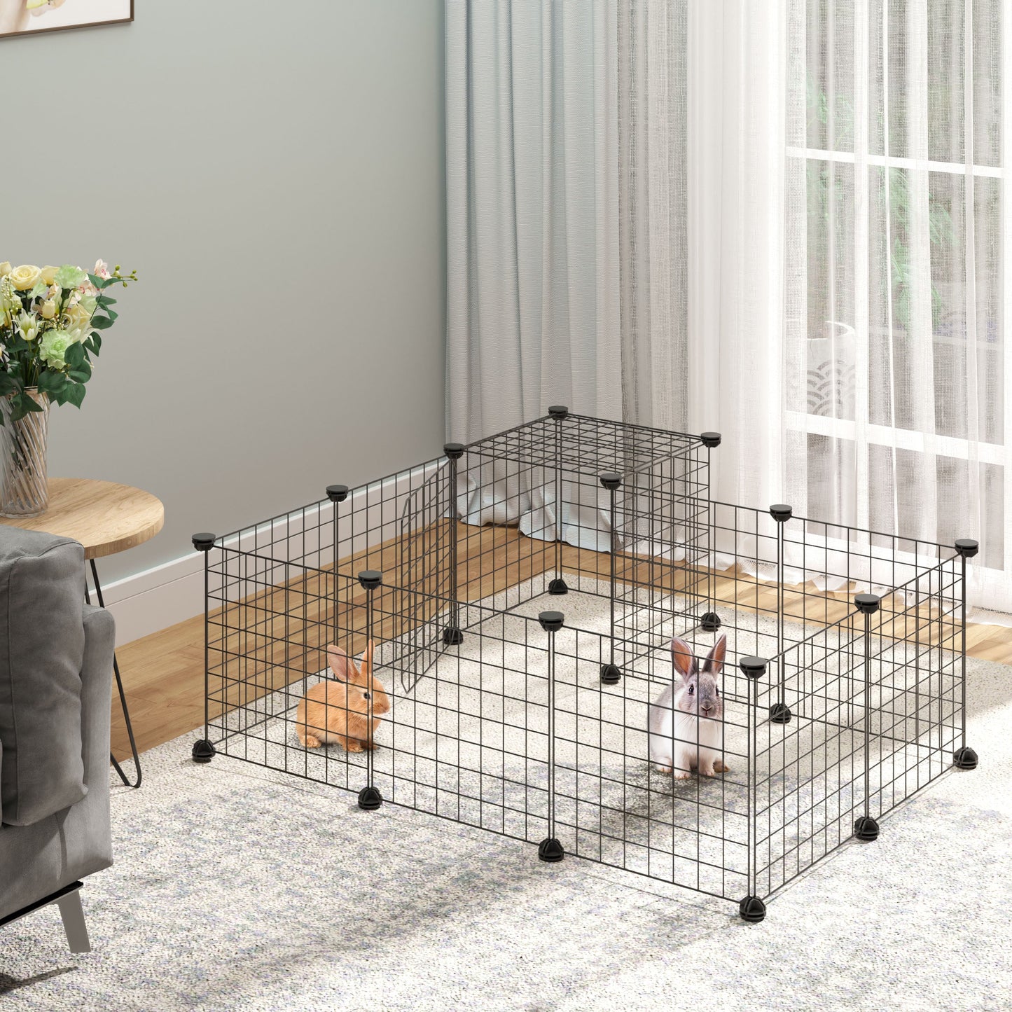 PawHut Pet Playpen، سياج قفص الحيوانات الصغيرة DIY، بيت قفص مكون من طابقين قابل للتخصيص، للأرنب شينشيلا القنفذ خنزير غينيا، بيت أسود