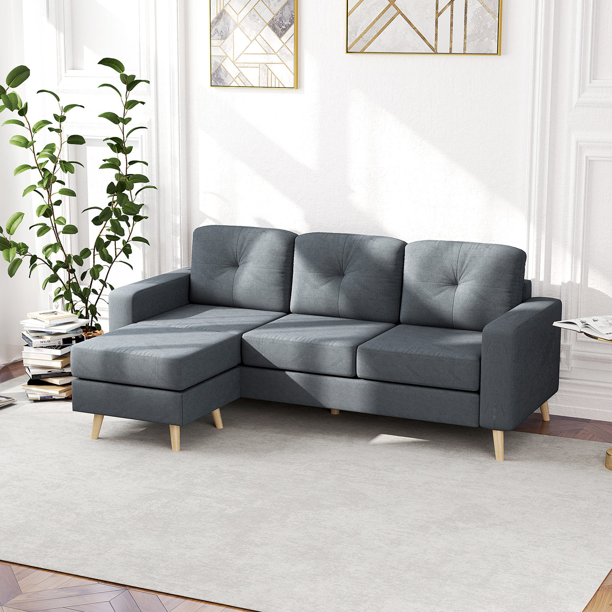 HOMCOM 3 Seater Sofa with Footstool, Fabric L-Shaped Sofa, Sectional Couch with Wood Legs, Tufting Cushioned Back for Small Space, Living Room, Office, Dark Grey