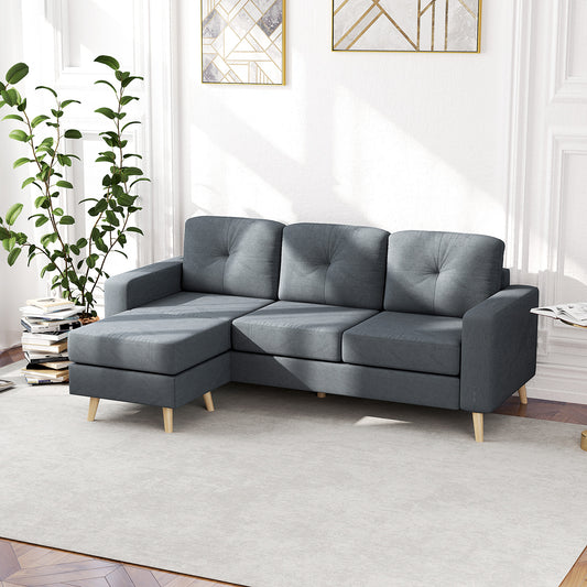 HOMCOM 3 Seater Sofa with Footstool, Fabric L-Shaped Sofa, Sectional Couch with Wood Legs, Tufting Cushioned Back for Small Space, Living Room, Office, Dark Grey