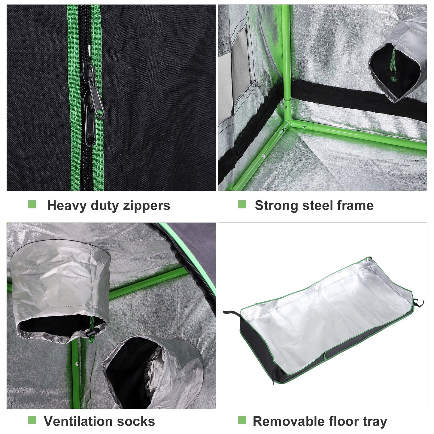 Outsunny Grow Tent odblaskowy Mylar Hydroponiczny z regulowanymi otworami wentylacyjnymi i tacką podłogową do uprawy roślin w pomieszczeniach, 60 x 60 x 140 cm (24,5" x 24,5" x 55")