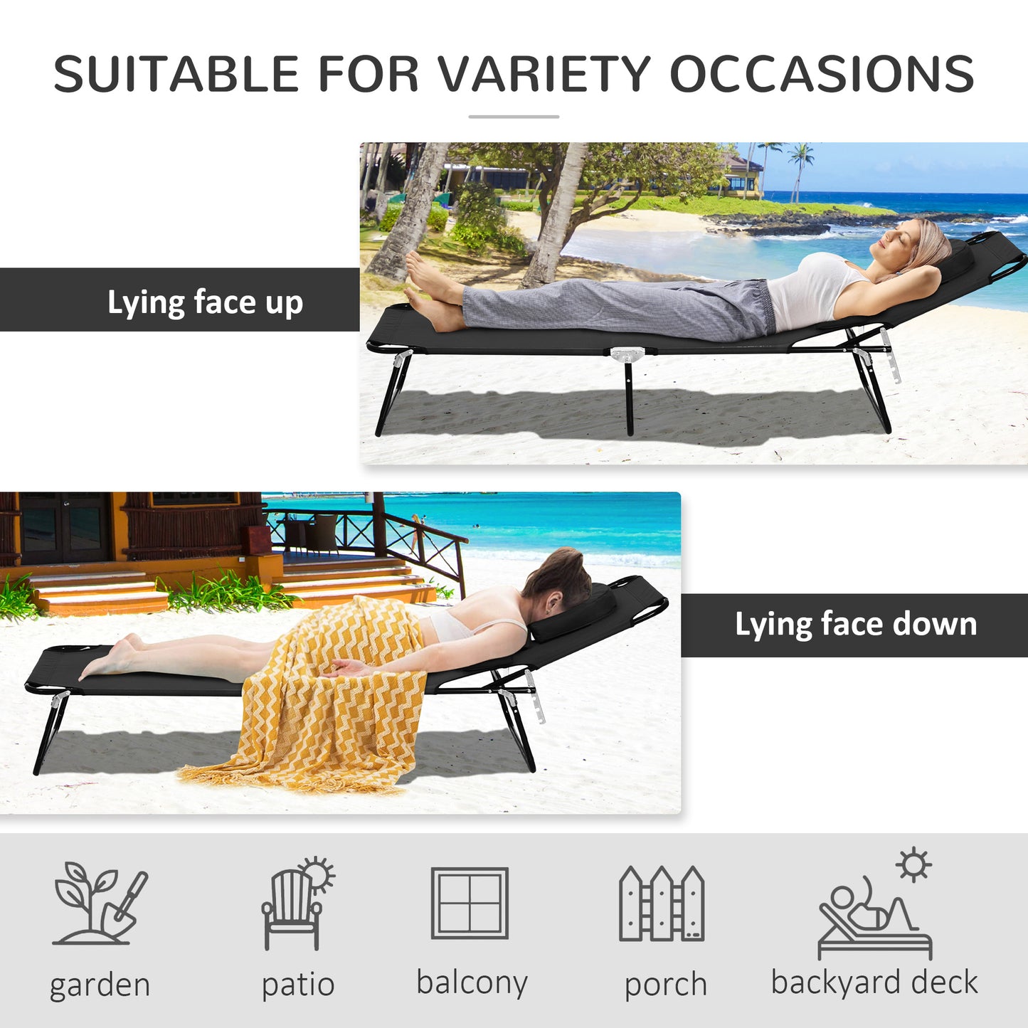 Outsunny Outdoor Foldable Sun Lounger, 4 Level Adjustable Backrest Reclining Sun Lounger Chair with Pillow and Reading Hole, Black