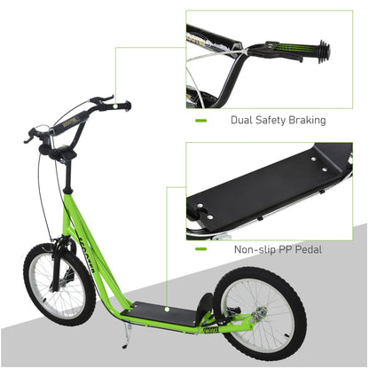 Teen Kids Stunt Scooter Children Kick Scooter Adjustable Handlebar 2 Brakes Ride On 16 Inch Rubber Tyres Green