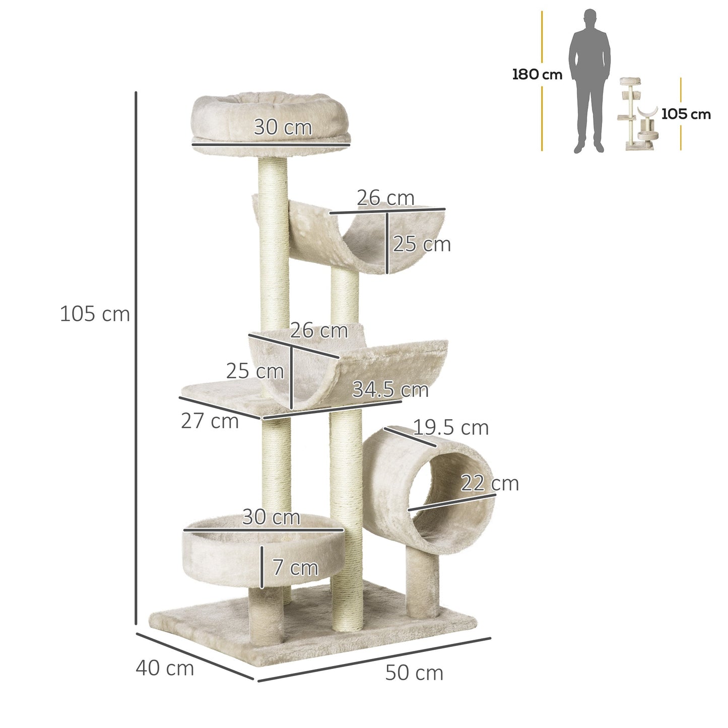 PawHut Cat Tree for Indoor Cats Kitten Pet Scratching Post Perch Activity Center Scratcher Climb Post Play House Arch with Tunnel 105cm Tall Beige