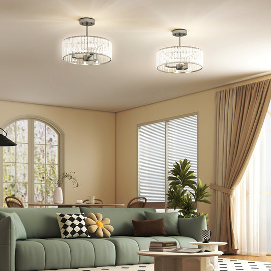 HOMCOM Crystal Ceiling Light Fixture Set of 2, Semi Flush Mount Modern Chandelier for Living Room, Bedroom and Hallway, 3-Lights with E14 Base, Silver Tone