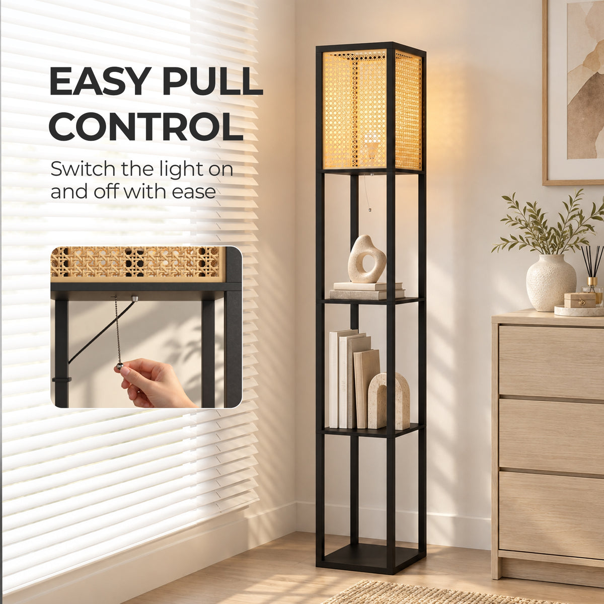 HOMCOM Floor Lamp with Shelves, Rattan Shade and Pull-Chain Switch, 3-Tier Storage Shelves for Bedroom Living Room, Black