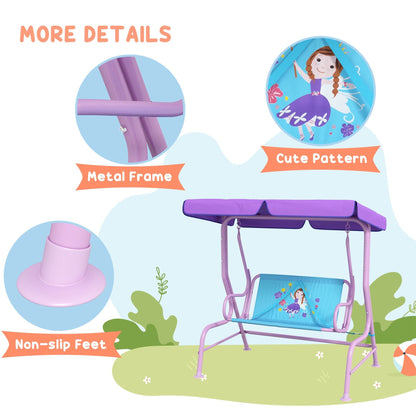 Outsunny 2 Seater Kids Garden Swing Fairy Themed Kids Swing Chair with Adjustable Canopy, Safety Belts for Park Porch Poolside